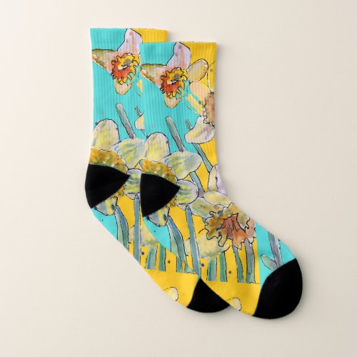 Daffodil Turquoise Yellow Art Floral Pattern Aqua Socks