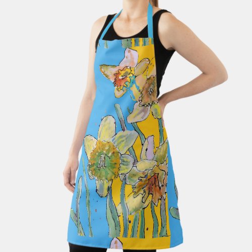 Daffodil Watercolor Blue Flower Floral Kitchen Apron