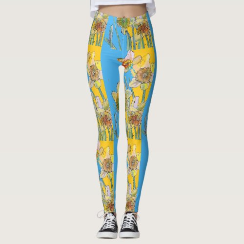 Daffodil Watercolor Flower Blue Floral Leggings