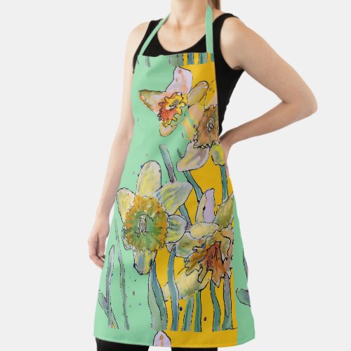 Daffodil Watercolor Flower Green floral Apron