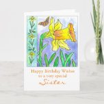 Daffodil Watercolor Flower Happy Birthday Sister Card<br><div class="desc">A pretty floral happy birthday card featuring a big bright yellow daffodil and butterfly drawn with black pen and ink with watercolor and a soft blue green background. Nice for your sister or you can customize the text to fit your needs. This design is from my coloring book called "Lila's...</div>