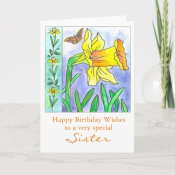 Daffodil Watercolor Flower Happy Birthday Sister Card by CountryGarden at Zazzle
