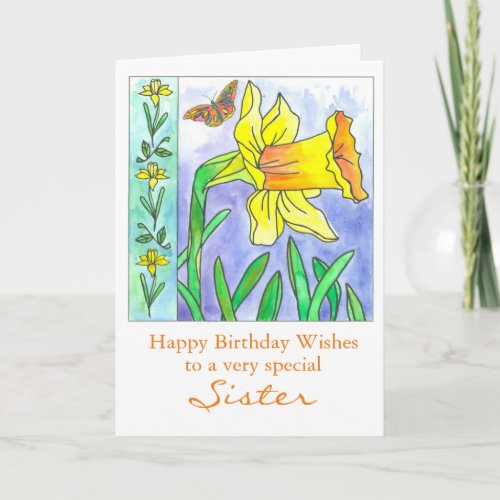 Daffodil Watercolor Flower Happy Birthday Sister Card