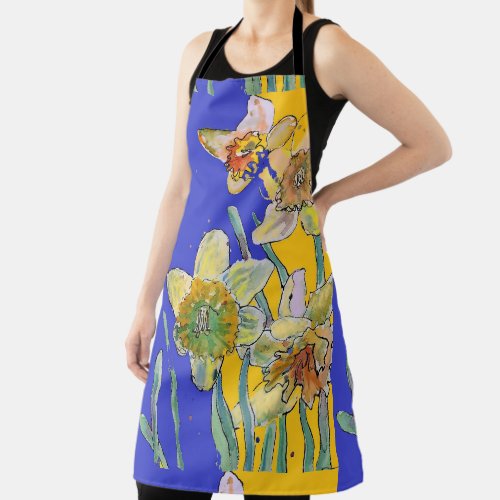 Daffodil Watercolor Flower Navy floral Apron