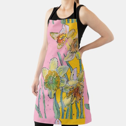 Daffodil Watercolor Flower pink floral Apron