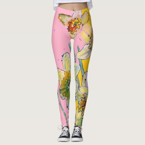 Daffodil Watercolor Flower Pink Floral Leggings