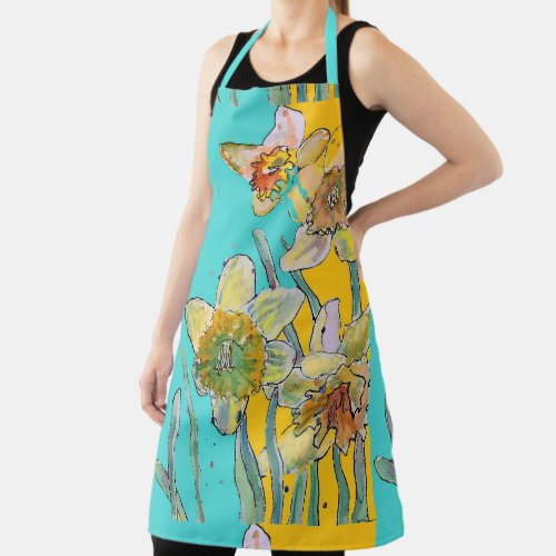 Daffodil Watercolor Flower Turquoise  floral Apron
