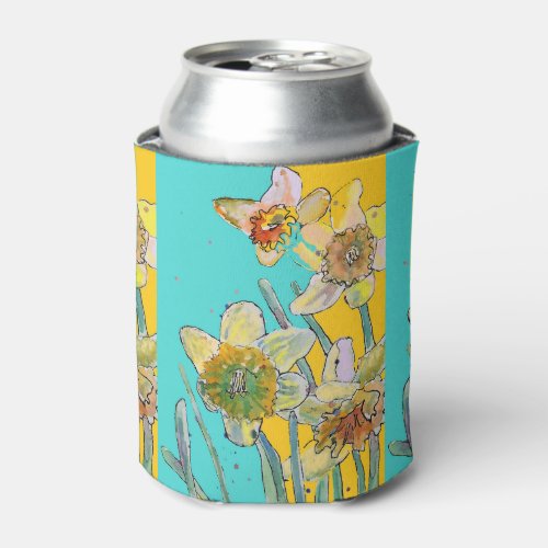 Daffodil Watercolor Flower Turquoise floral Can Can Cooler