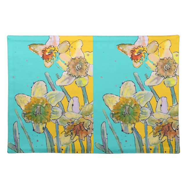 Daffodil Watercolor Flower Turquoise floral  Cloth Placemat (Front)