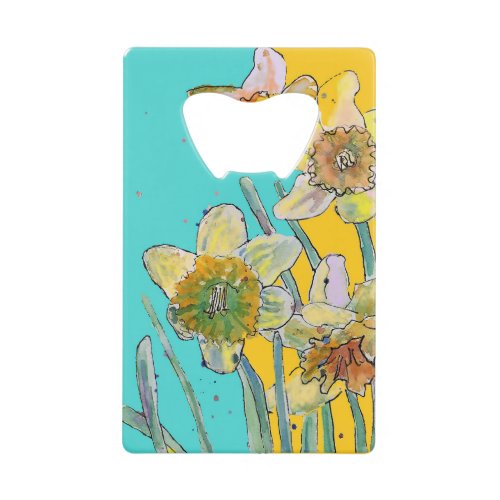 Daffodil Watercolor Flower Turquoise floral Credit Card Bottle Opener