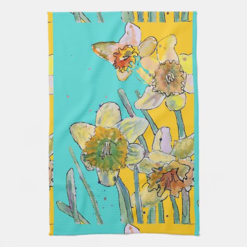 Daffodil Watercolor Flower Turquoise floral  Kitchen Towel