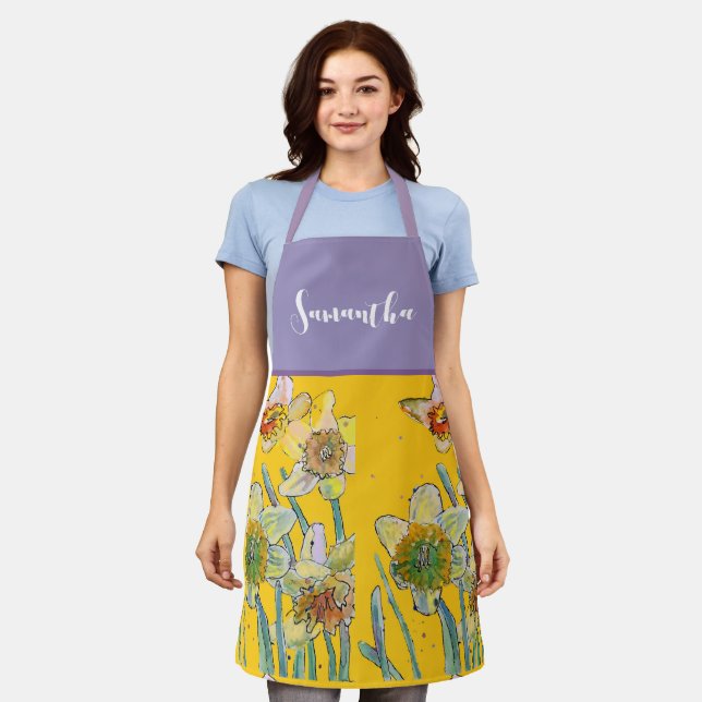 Daffodil Watercolor Flower Yellow Lilac Spring Apron (Worn)