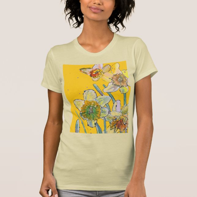 Daffodil Watercolor Flowers Floral Painting T-Shirt (Front)