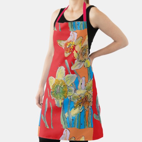 Daffodil Watercolor Red Yellow Flower floral Apron