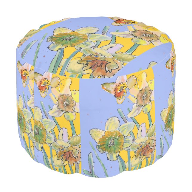 Daffodil Watercolor Spring Floral Flowers Pouffe Pouf (Angled Back)