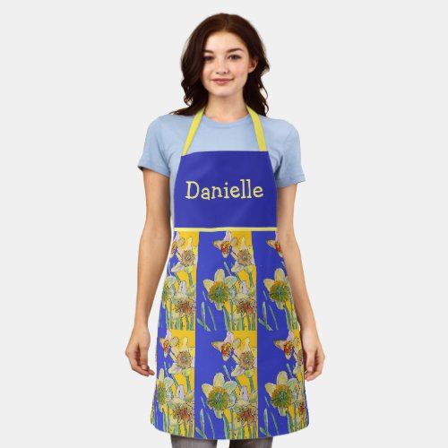 Daffodil Watercolor Yellow Flower Blue Floral Apron