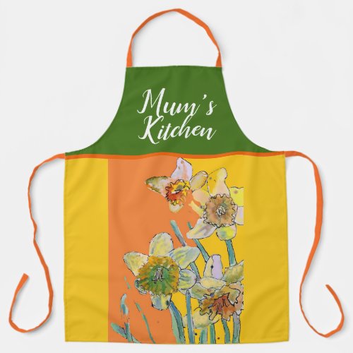 Daffodil Watercolor Yellow Orange Mums Kitchen Apron