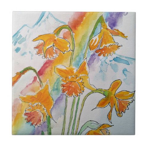 Daffodil Watercolor Yellow Rainbow Floral Ceramic Tile