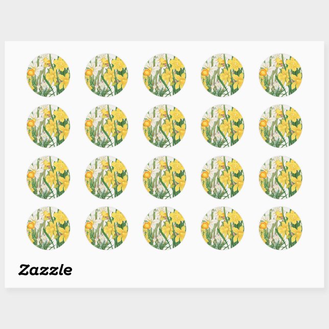 Daffodil Woodblock Painting Classic Round Sticker (Sheet)