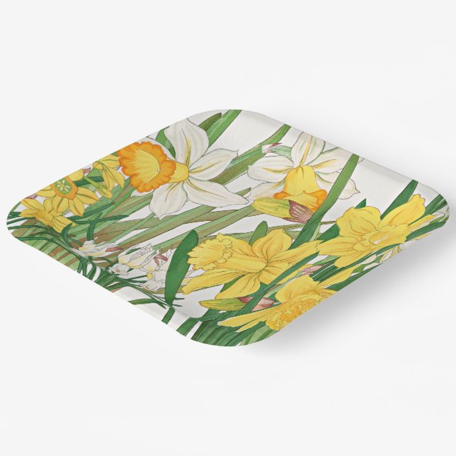 Daffodil Woodblock Painting Paper Plates (Angled)