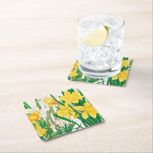 Daffodil Woodblock Painting Square Paper Coaster