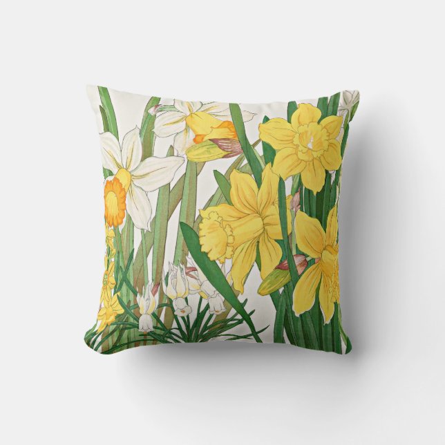 Daffodil Woodblock Painting Throw Pillow (Front)