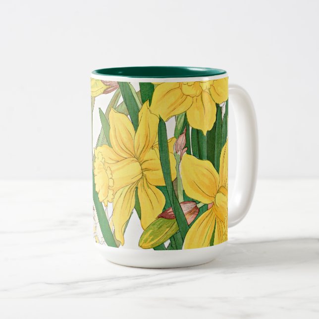 Daffodil Woodblock Painting Two-Tone Coffee Mug (Front Right)