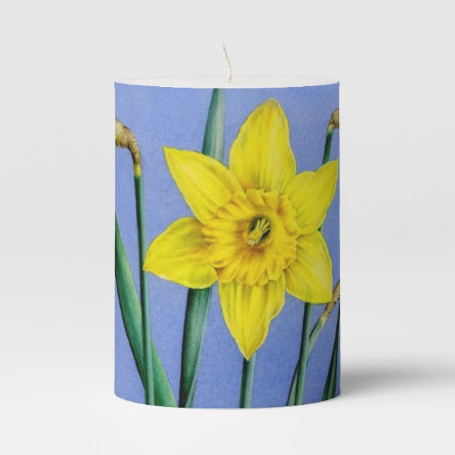 Daffodil yellow and blue art  pillar candle (Front)