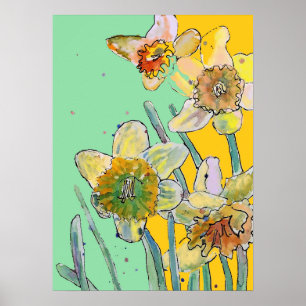Daffodil Yellow Aqua Flower Garden Poster