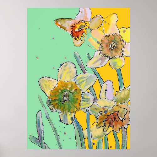 Daffodil Yellow Aqua Flower Garden Poster