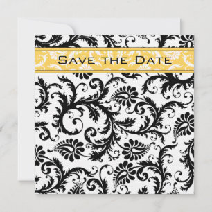 Daffodil Yellow & Black Damask Save the Date Invitation
