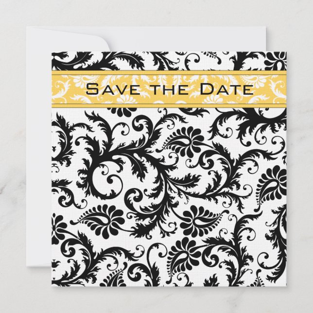 Daffodil Yellow & Black Damask Save the Date Invitation (Front)