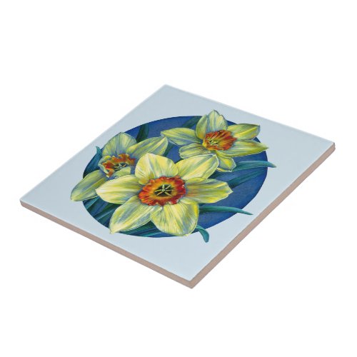 Daffodil yellow blue fine art painting tile