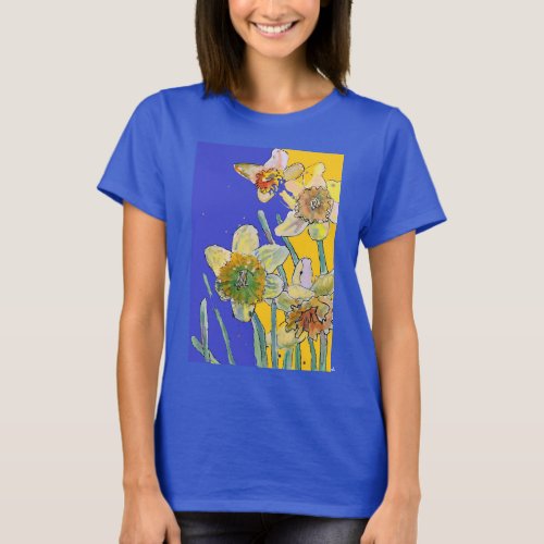 Daffodil Yellow Blue Flower Flowers Watercolor T_S T_Shirt