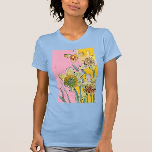 Daffodil Yellow Blue Flower Flowers Watercolor T_Shirt