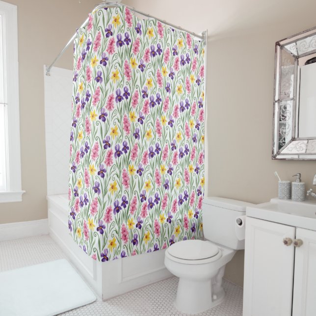 Daffodil Yellow, Iris Purple, Hyacinth Pink Floral Shower Curtain (In Situ)