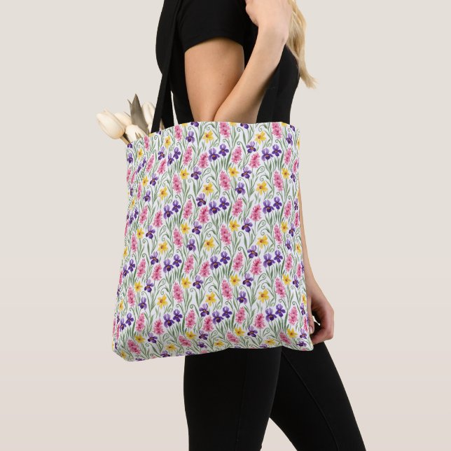 Daffodil Yellow, Iris Purple, Hyacinth Pink Floral Tote Bag (Close Up)
