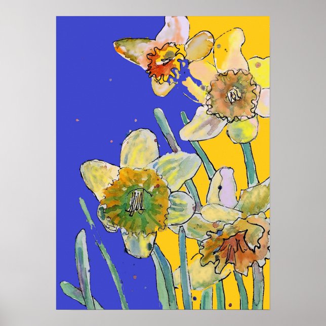Daffodil Yellow Navy Blue Flower Garden Poster (Front)