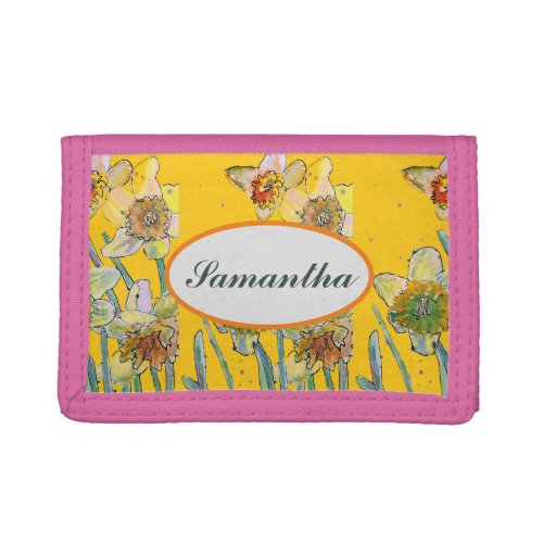 Daffodil Yellow Spring floral Watercolor Womans Trifold Wallet