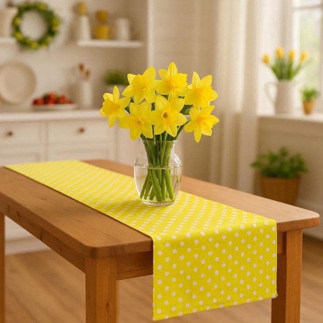  Daffodil Yellow with Polka-Dots Short Table Runner (add cheerful ambiance to the decor of your kitchen or dining room with yellow and white table runner)