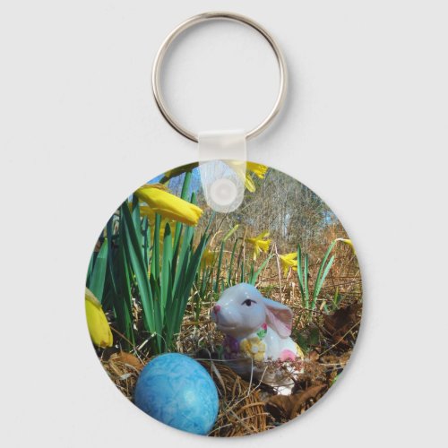 Daffodils and  Blue Easter egg Keychain