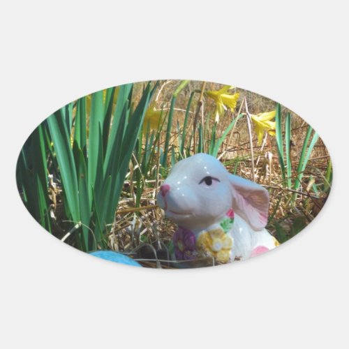 Daffodils and  Blue Easter egg Oval Sticker