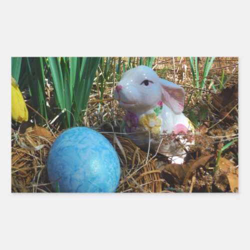 Daffodils and  Blue Easter egg Rectangular Sticker