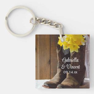 Daffodils and Cowboy Boots Country Western Wedding Keychain