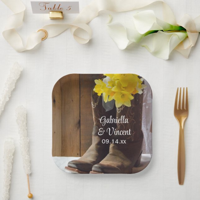 Daffodils and Cowboy Boots Country Western Wedding Paper Plates (Wedding)