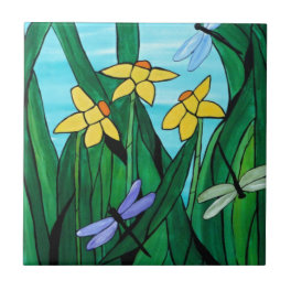 Daffodils and dragon flies tile