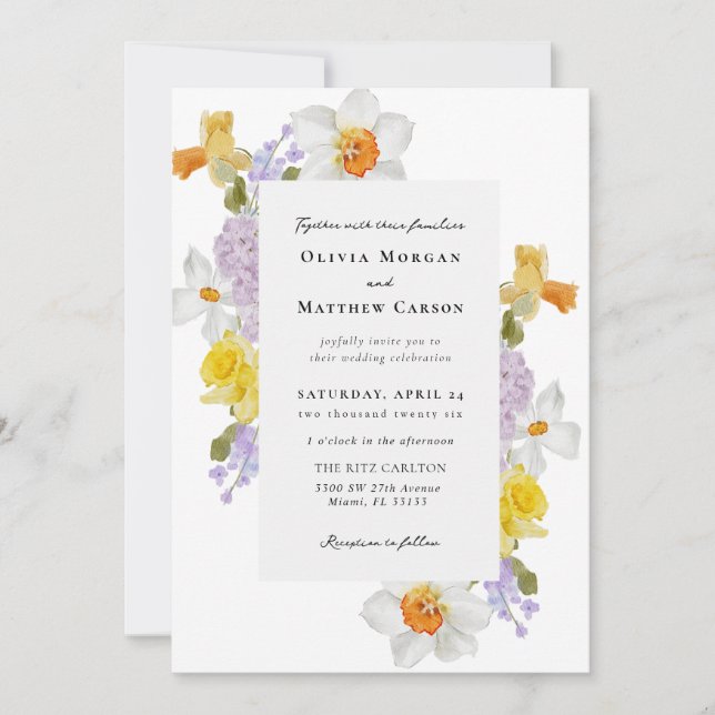 Daffodils and Hyacinths Spring Floral Wedding Invitation (Front)