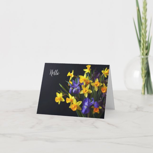 Daffodils and iris on a dark background letterpress thank you card (Front)