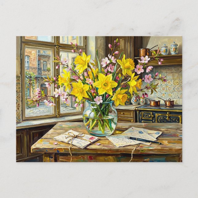 Daffodils Blossoms Window Interior Postcard (Front)