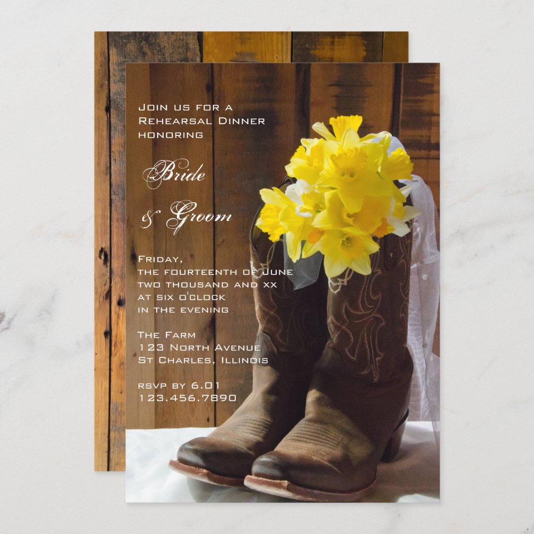 Daffodils Cowboy Boots Wedding Rehearsal Dinner Invitation | Zazzle